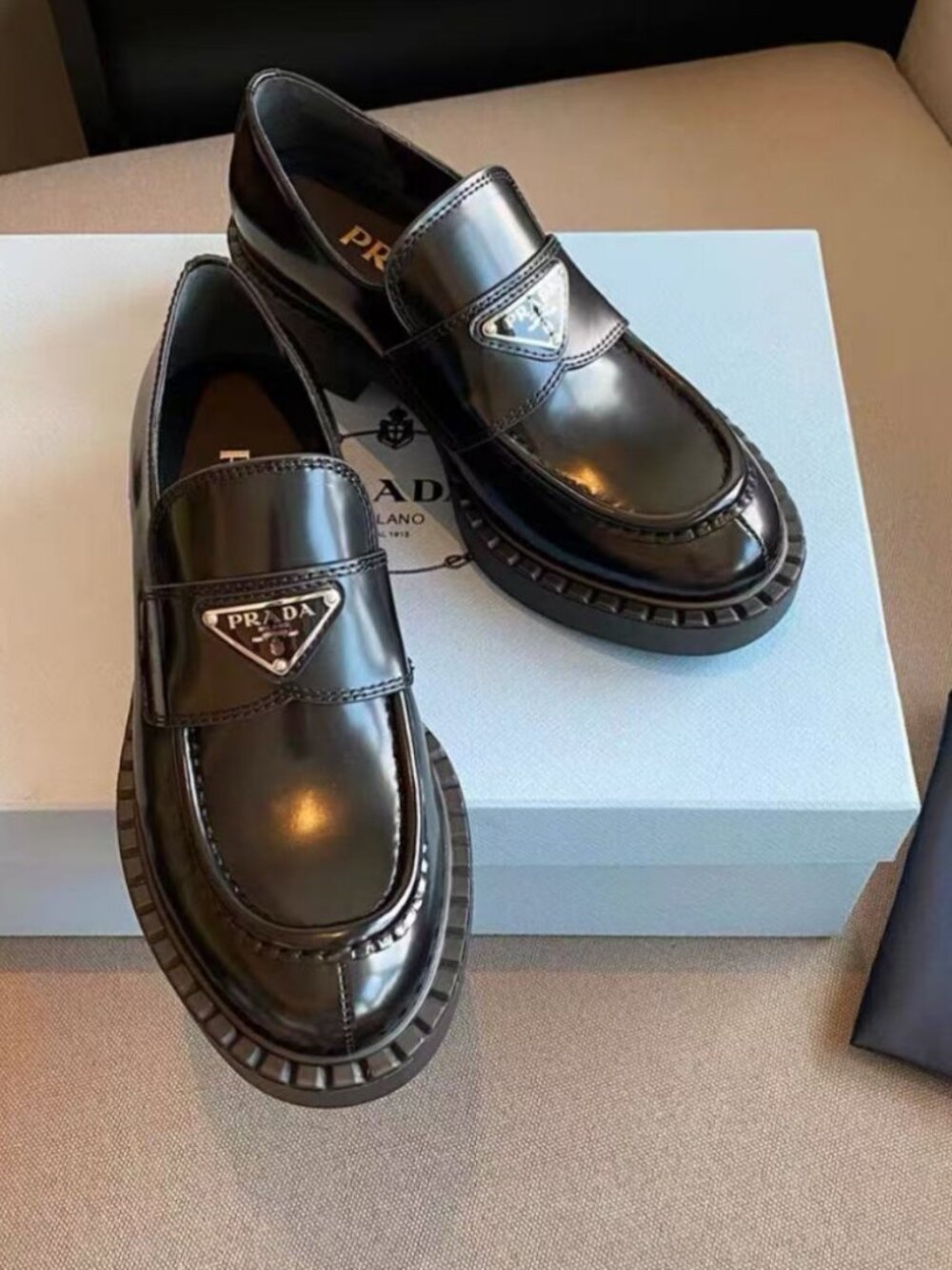 Prada Black Brushed Leather Triangle Logo Chunky Loafers